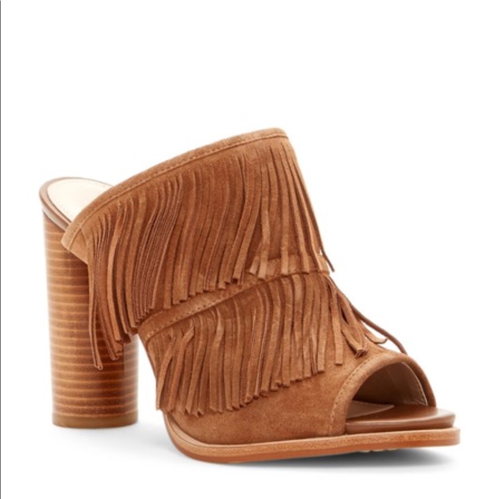French Connection Tan Uriah Fringe Mules, size 8